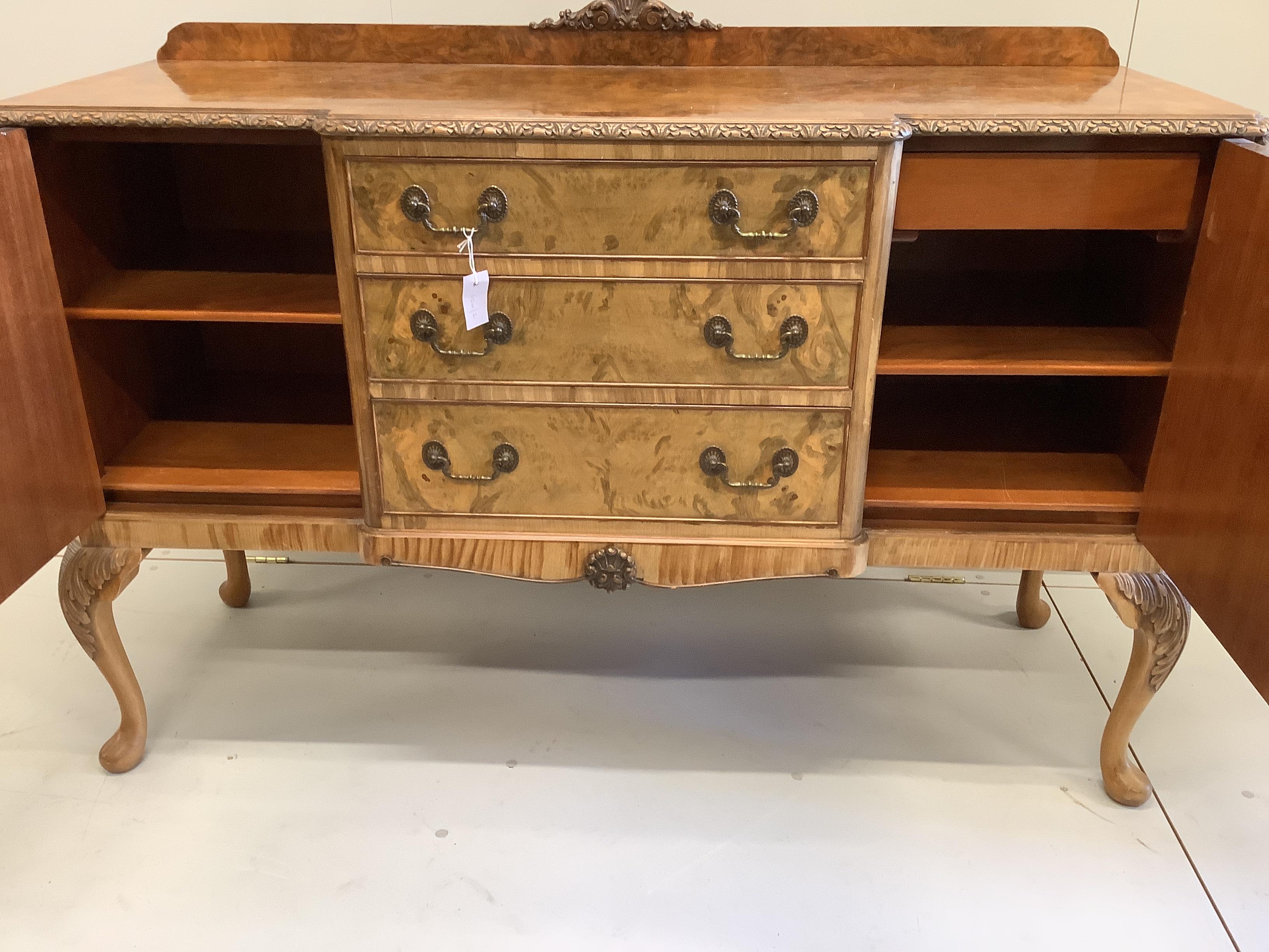 A Queen Anne revival walnut and simulated walnut breakfront sideboard, width 150cm, depth 53cm, height 109cm